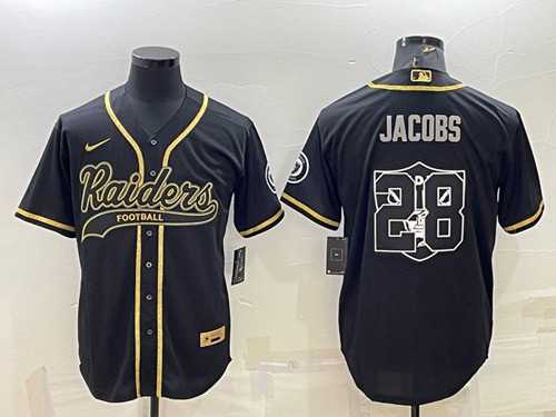 Men%27s Las Vegas Raiders #28 Josh Jacobs Black Gold Team Big Logo With Patch Cool Base Stitched Baseball Jersey